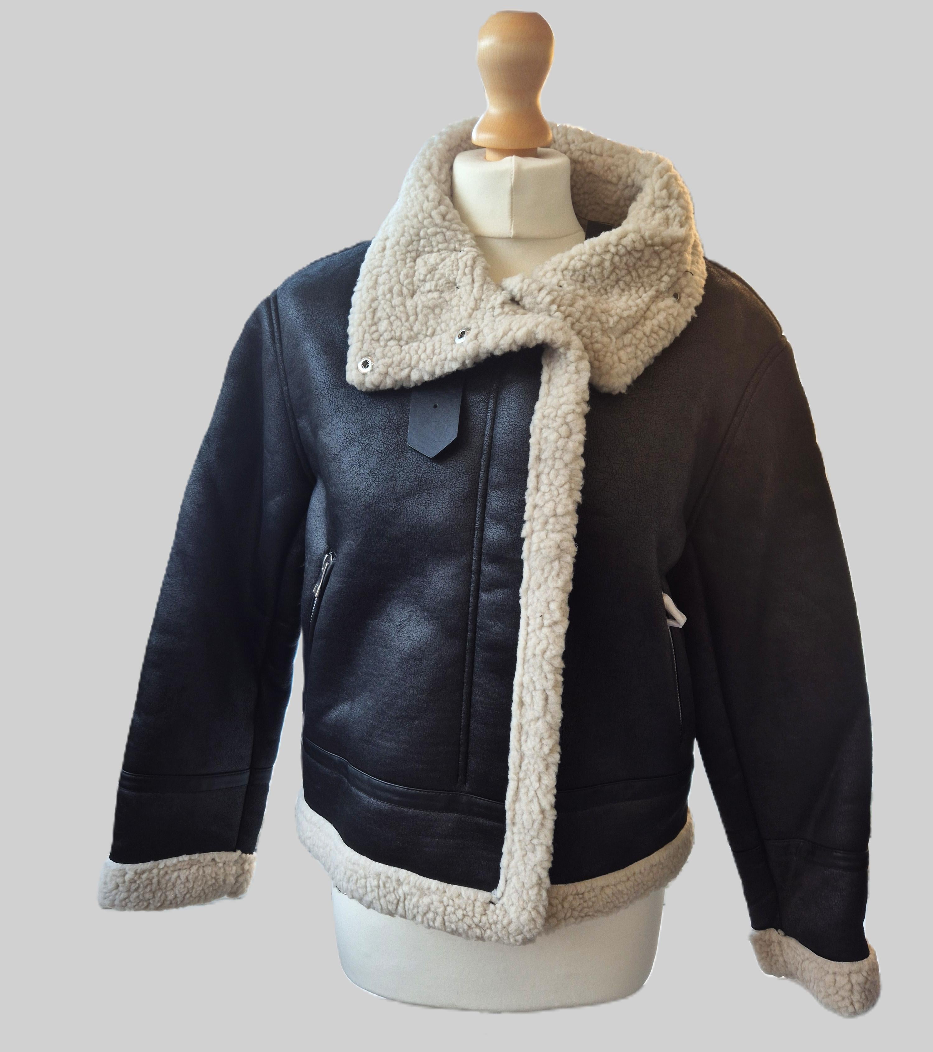 New Look Petite Black Faux Shearling Cropped Aviator Jacket (UK 10) NWT