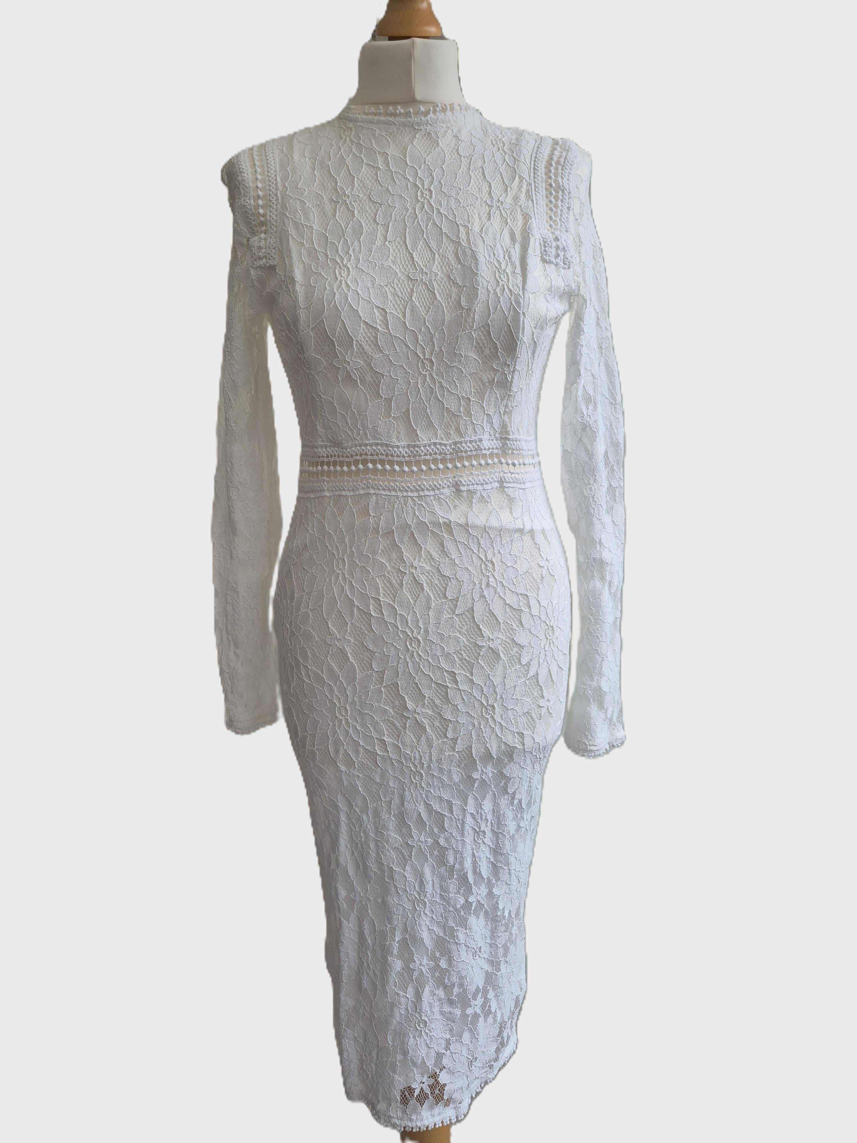 PLT Caris White Long Sleeve Lace Bodycon Dress (UK 12) NSH