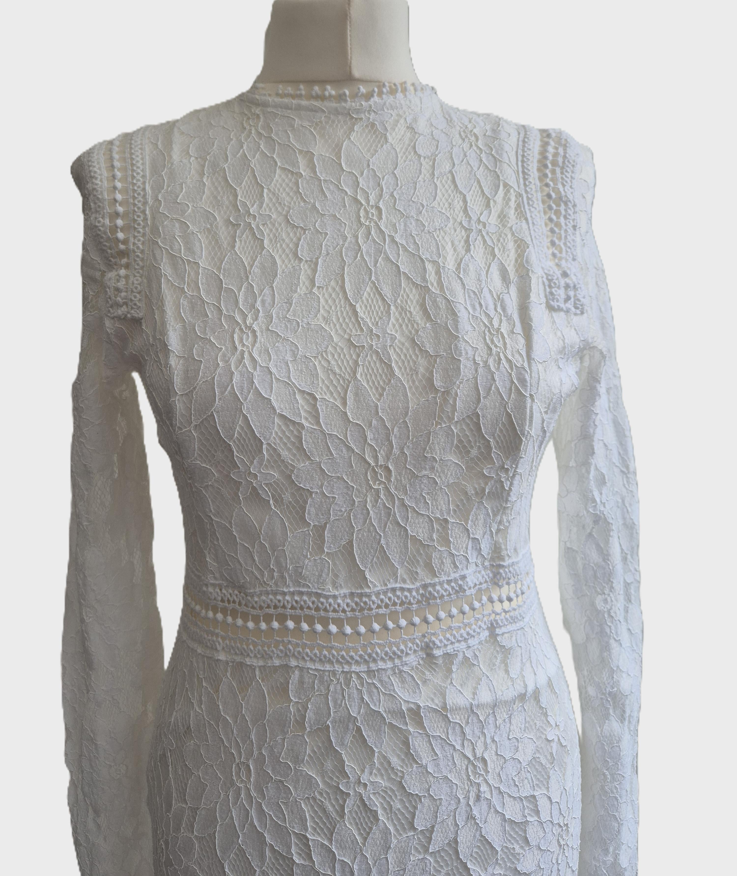 PLT Caris White Long Sleeve Lace Bodycon Dress (UK 12) NSH