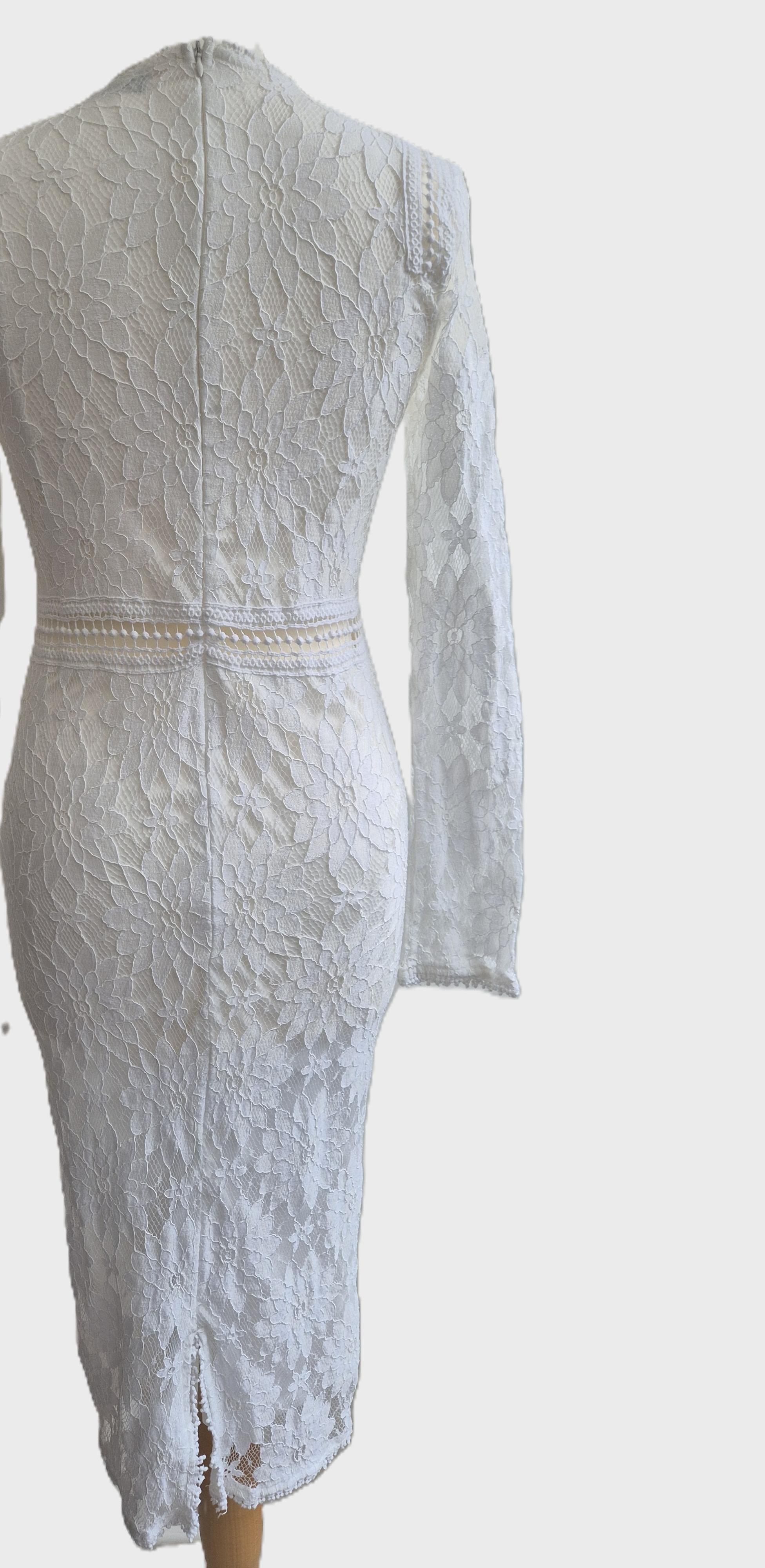 PLT Caris White Long Sleeve Lace Bodycon Dress (UK 12) NSH