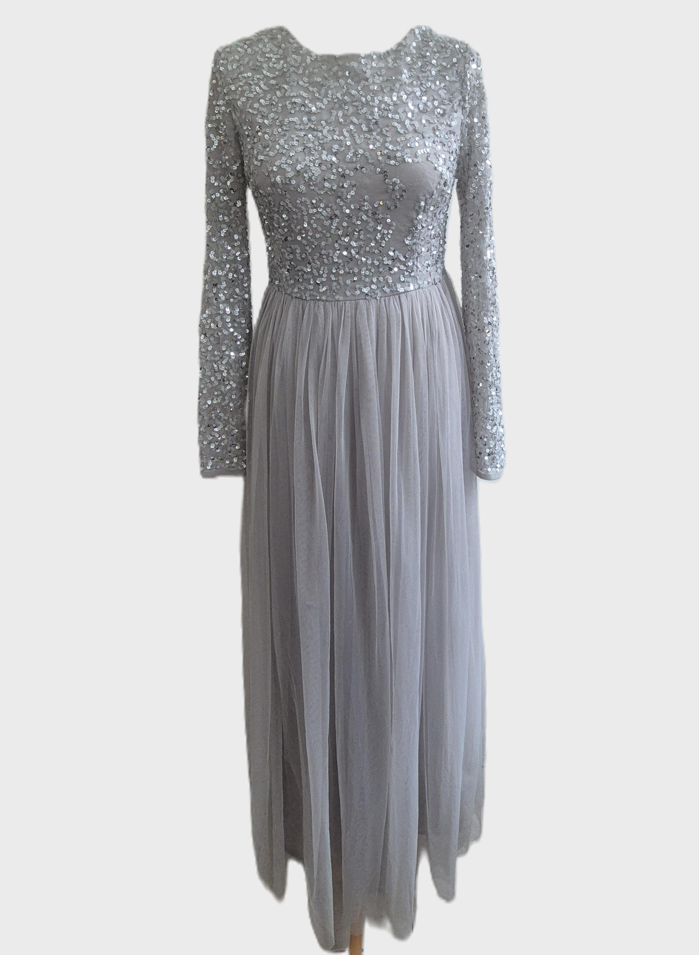 Maya Deluxe Soft Grey Embellished Maxi Dress – Fixer‑Upper / Needs Repair (UK 10)