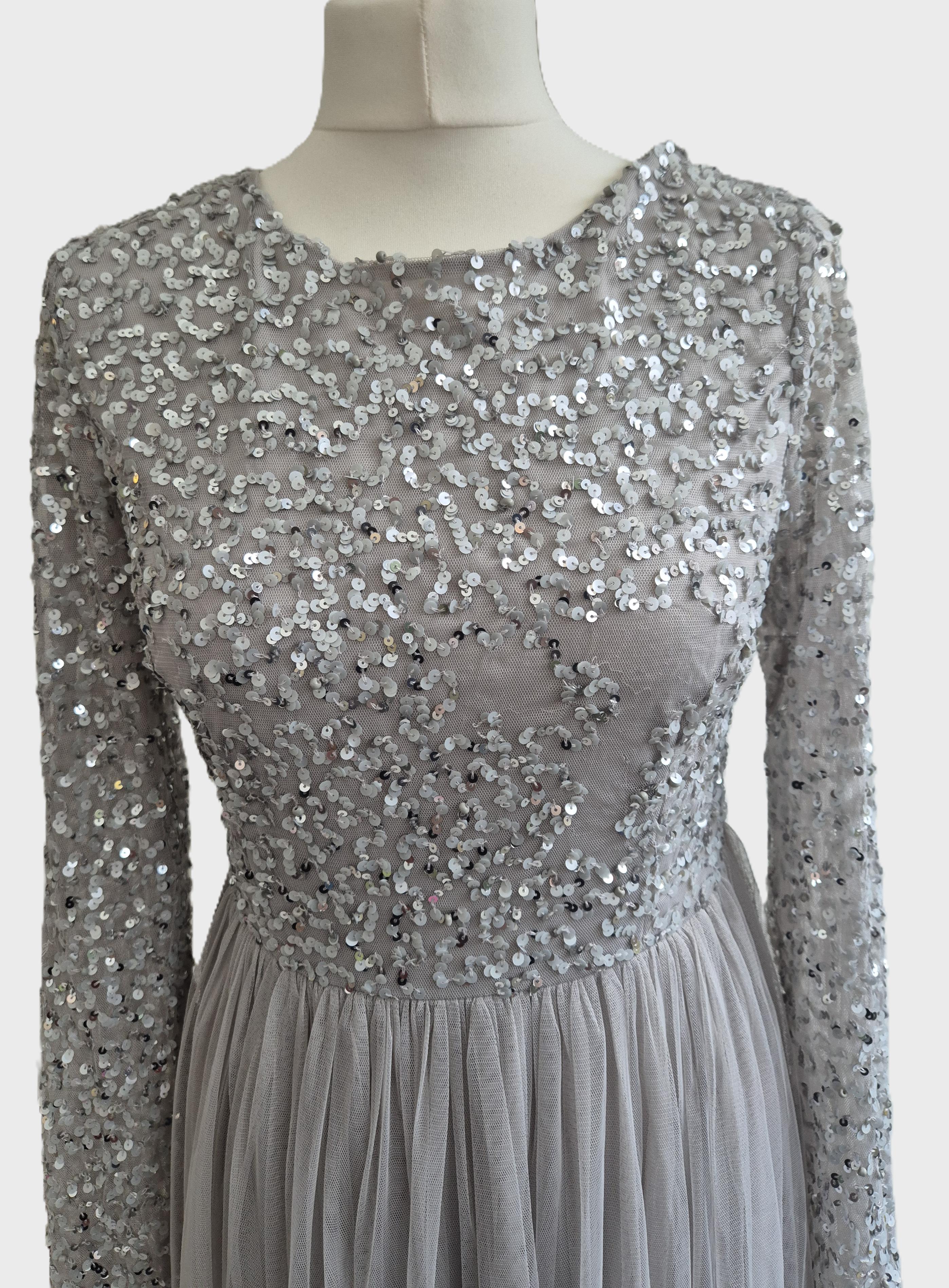 Maya Deluxe Soft Grey Embellished Maxi Dress – Fixer‑Upper / Needs Repair (UK 10)