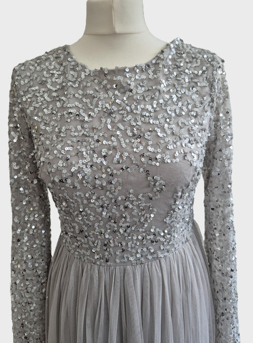 Maya Deluxe Soft Grey Embellished Maxi Dress – Fixer‑Upper / Needs Repair (UK 10)