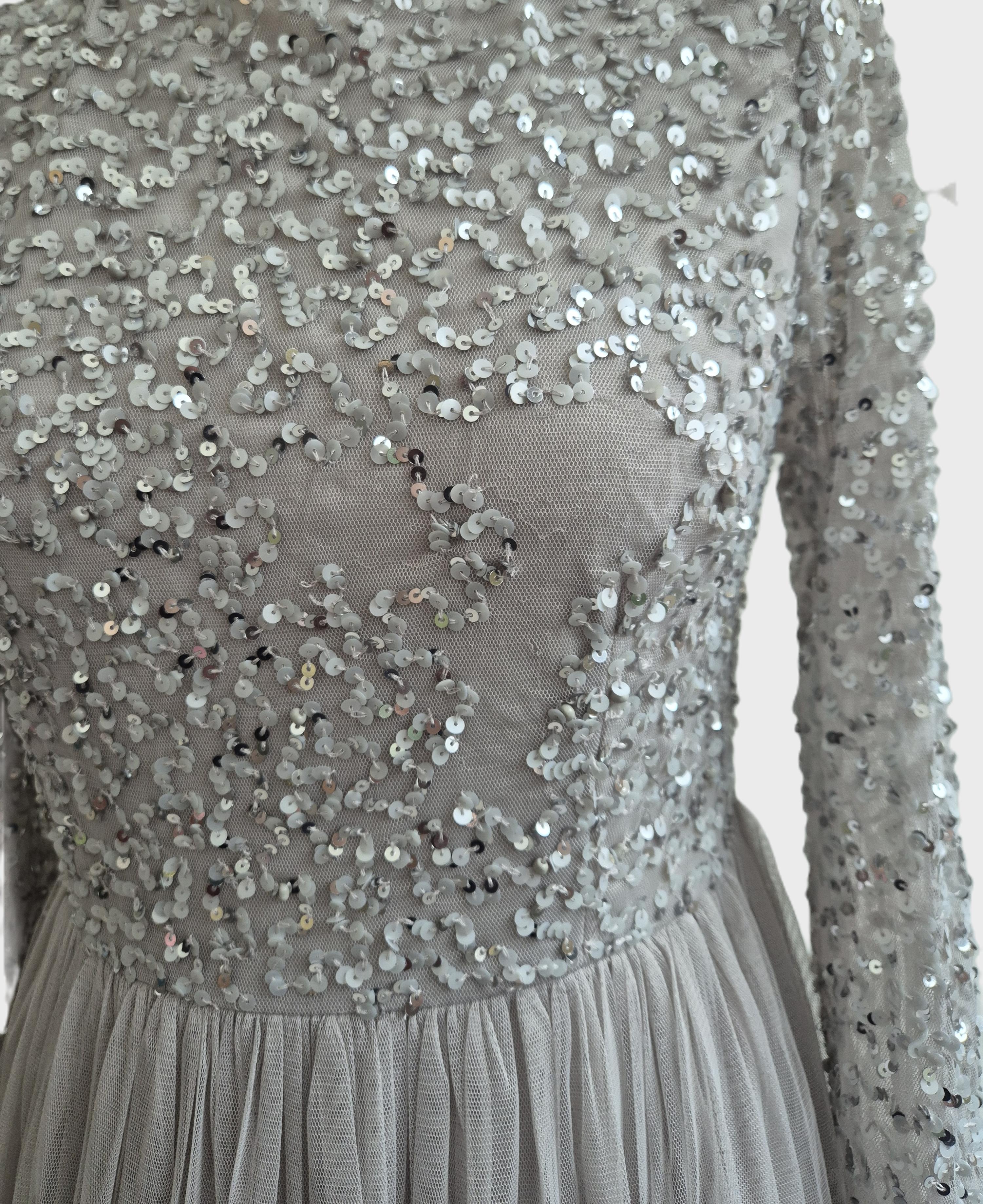 Maya Deluxe Soft Grey Embellished Maxi Dress – Fixer‑Upper / Needs Repair (UK 10)