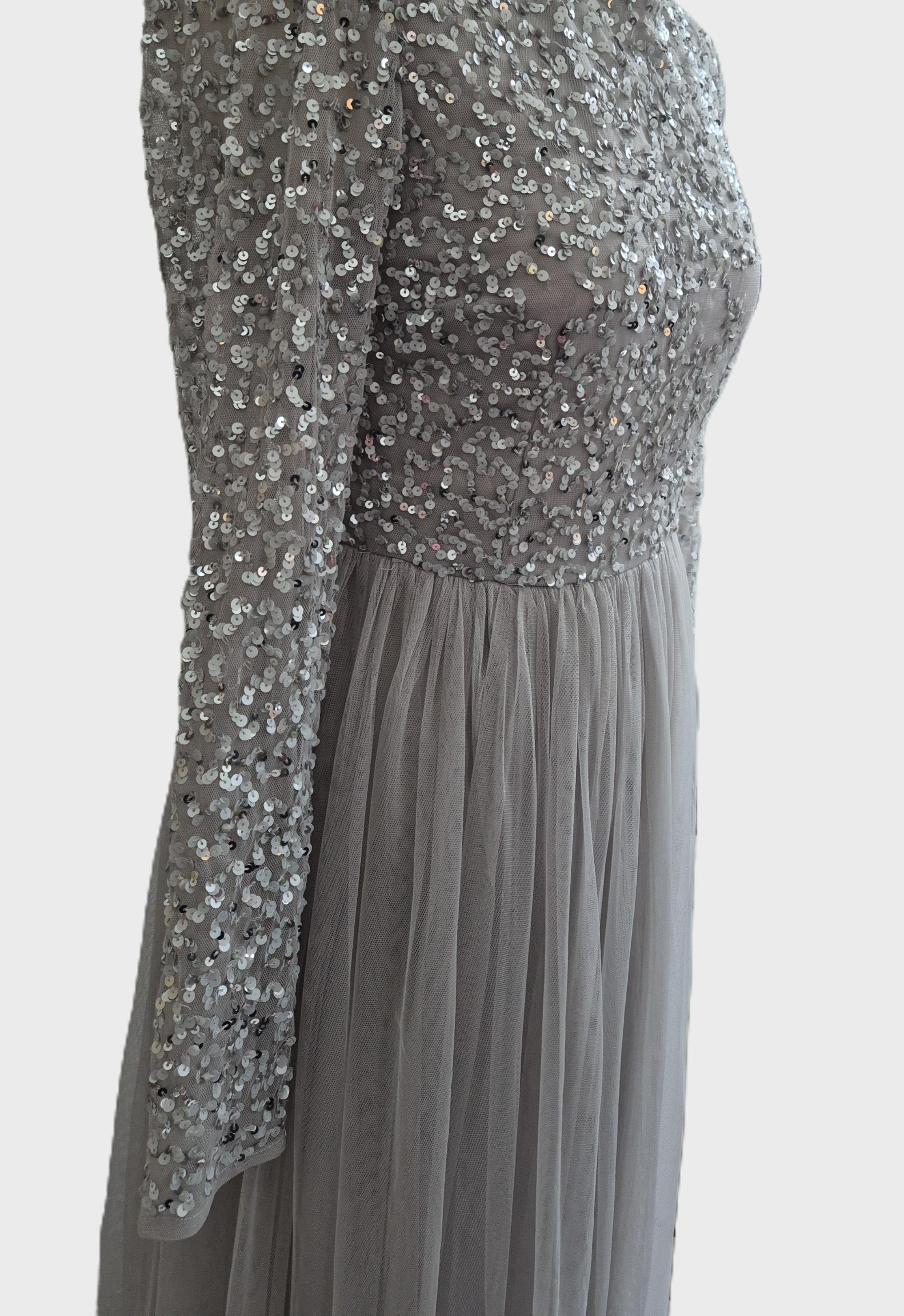 Maya Deluxe Soft Grey Embellished Maxi Dress – Fixer‑Upper / Needs Repair (UK 10)