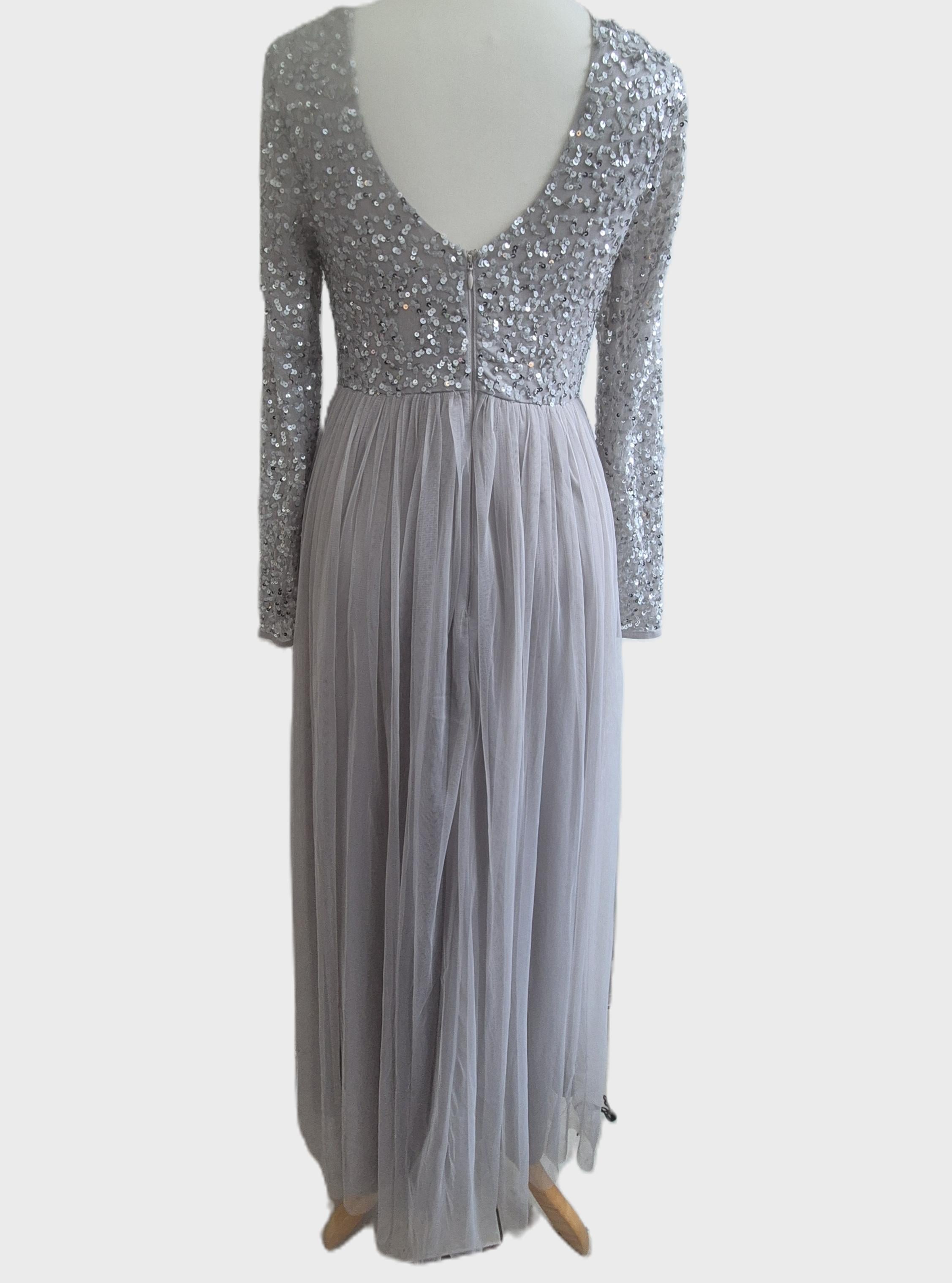 Maya Deluxe Soft Grey Embellished Maxi Dress – Fixer‑Upper / Needs Repair (UK 10)